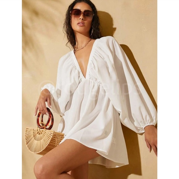 White Boho Mini Dress Frill Batwing Bishop Sleeve Deep V Neck Flared - Picture 1 of 7